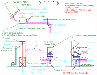 Enclosure around 7 foot diameter Belt Conveyor Tail Pulley vented through duct to baghouse dust collector